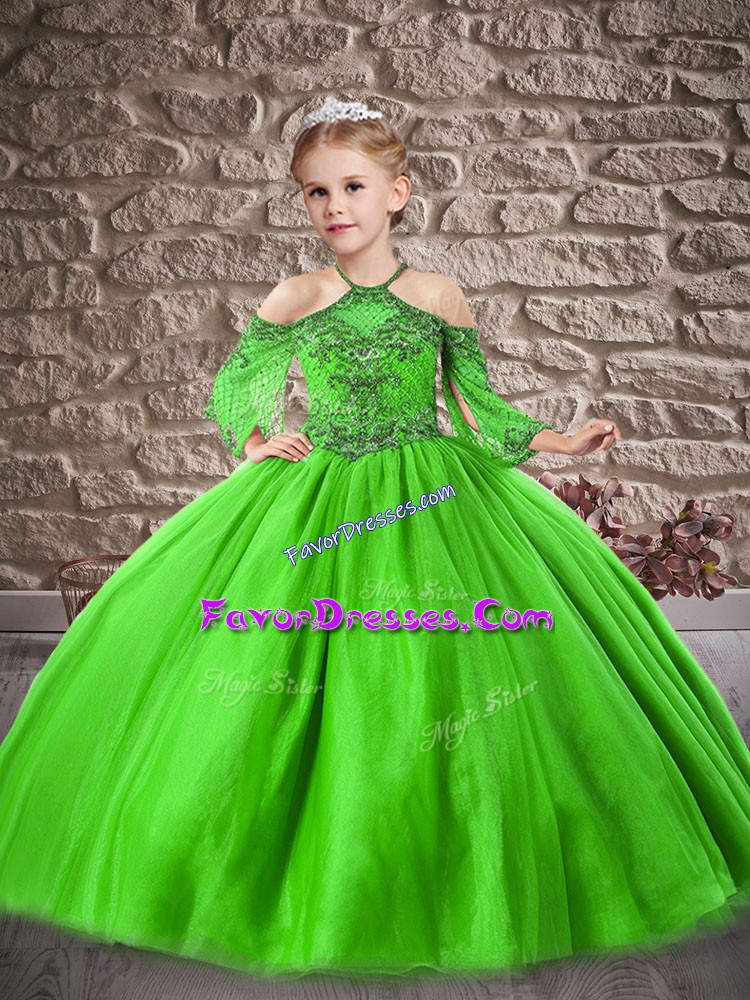 Fantastic Green Halter Top Neckline Beading and Lace High School Pageant Dress 3 4 Length Sleeve Zipper