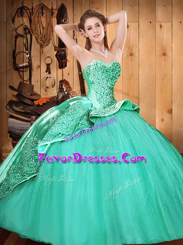 Best Turquoise Sleeveless Brush Train Beading and Embroidery Quinceanera Dress