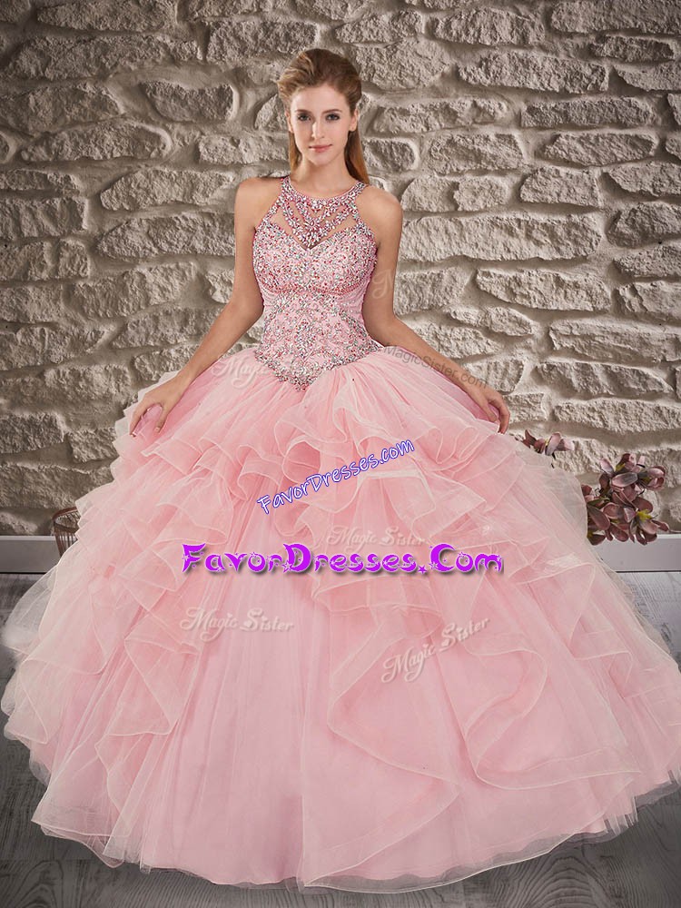 Stunning Baby Pink Sleeveless Tulle Brush Train Lace Up Vestidos de Quinceanera for Military Ball and Sweet 16 and Quinceanera