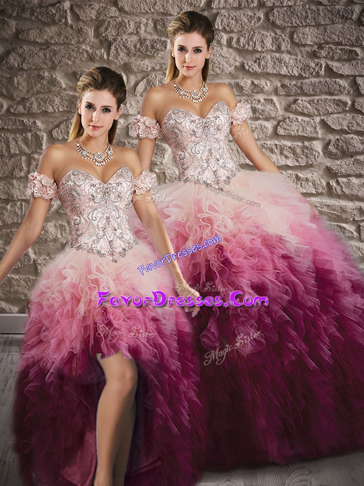 Low Price Multi-color Tulle Lace Up Sweet 16 Quinceanera Dress Sleeveless Brush Train Beading and Ruffles