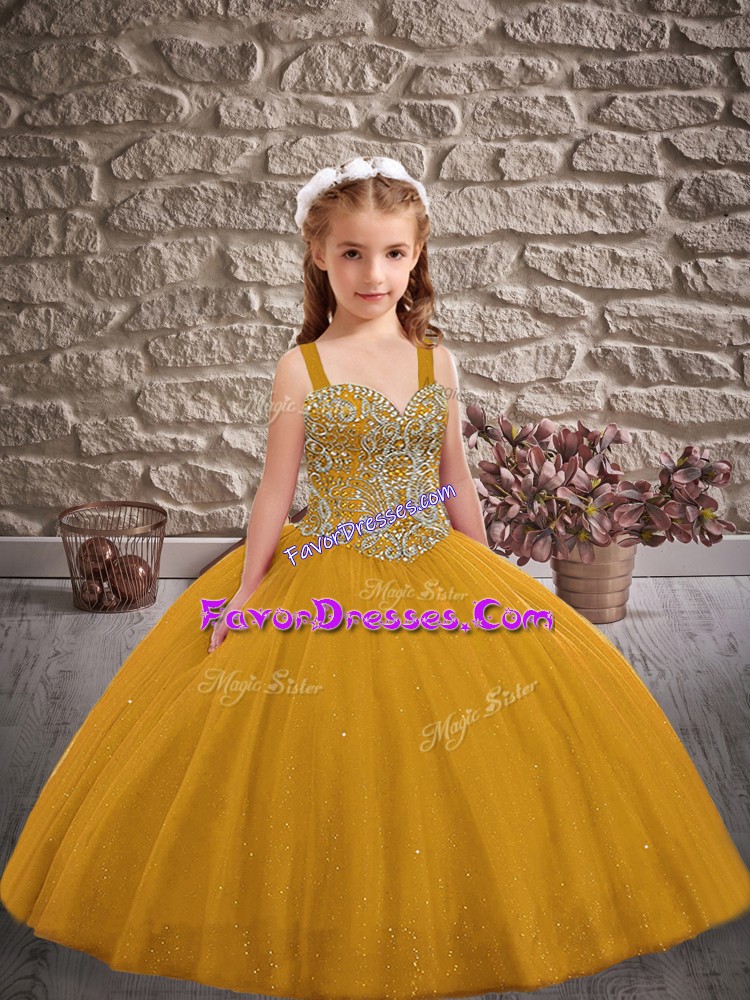 Custom Fit Gold Straps Lace Up Beading Pageant Dress for Girls Sleeveless