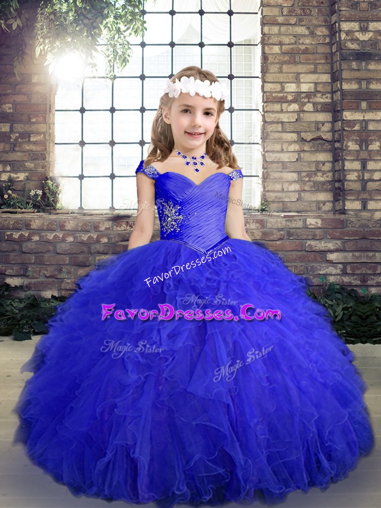  Blue Sleeveless Floor Length Beading and Ruffles Lace Up Pageant Dress for Teens
