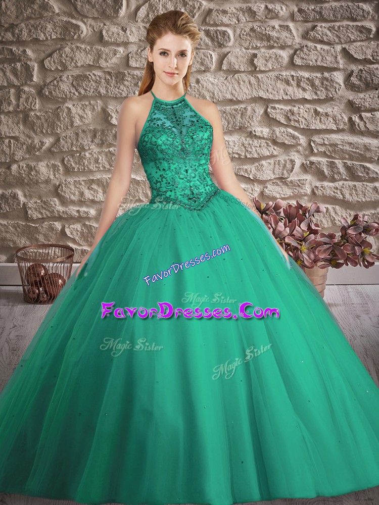  Turquoise Halter Top Neckline Beading Sweet 16 Dresses Sleeveless Lace Up