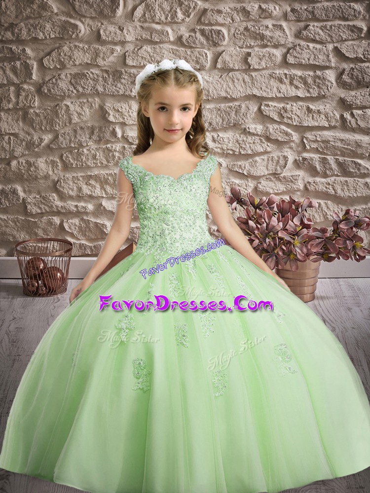 Modern Sleeveless Floor Length Appliques Lace Up Girls Pageant Dresses