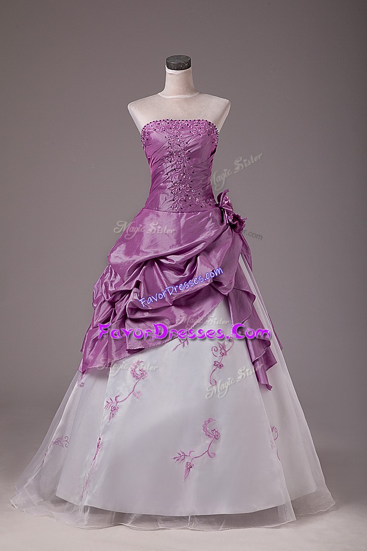 Luxurious White And Purple Lace Up Strapless Embroidery and Pick Ups Quinceanera Gown Organza and Taffeta Sleeveless