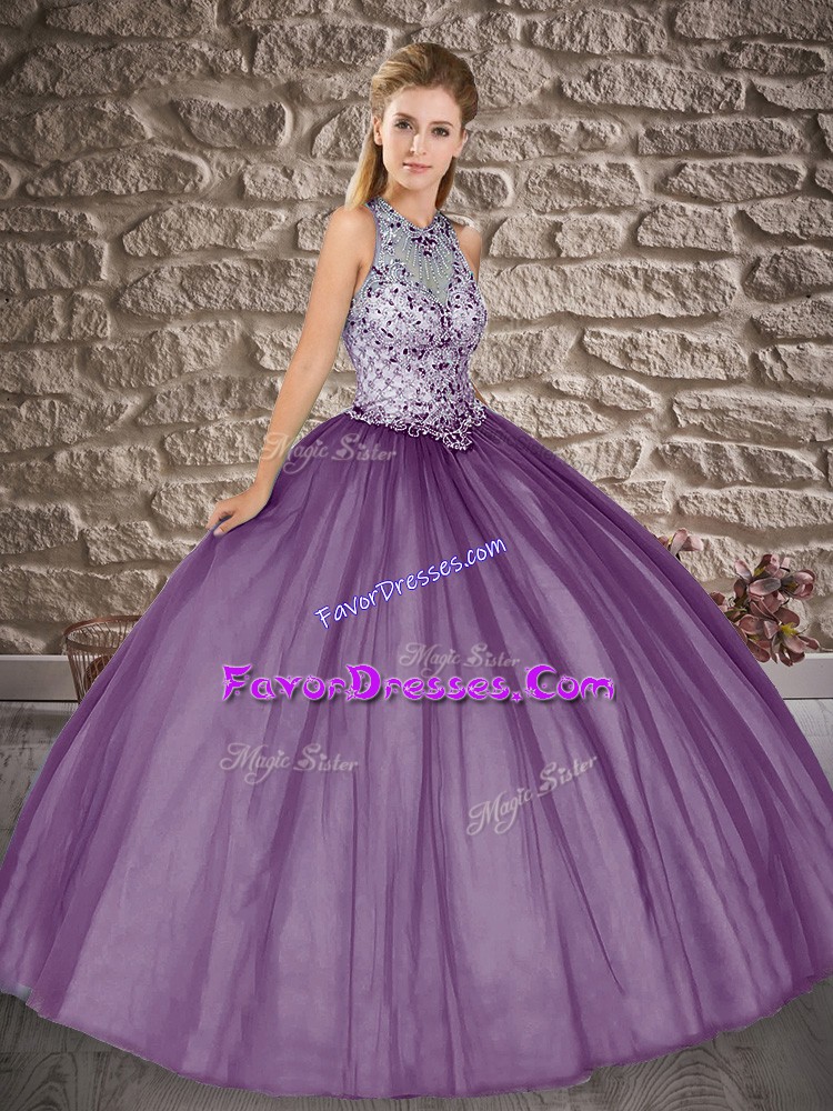  Beading 15 Quinceanera Dress Dark Purple Lace Up Sleeveless Floor Length