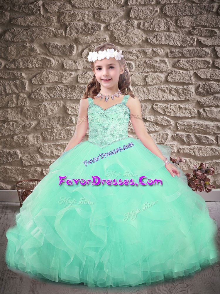  Tulle Straps Sleeveless Sweep Train Lace Up Beading and Ruffles Kids Pageant Dress in Apple Green