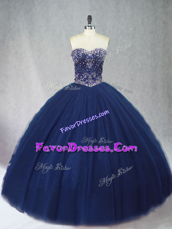 Smart Navy Blue Sweetheart Neckline Beading Quinceanera Dresses Sleeveless Lace Up