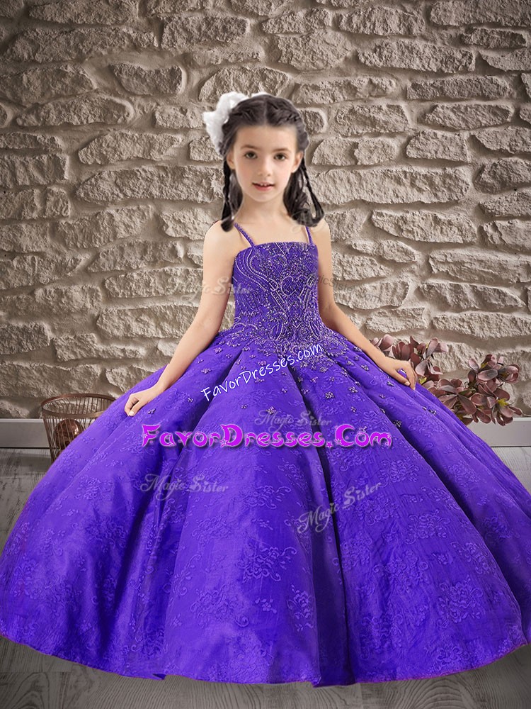 Unique Purple Spaghetti Straps Lace Up Beading and Embroidery Kids Pageant Dress Sleeveless
