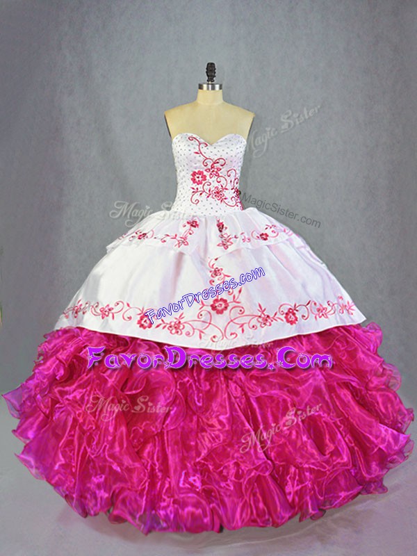 Elegant Sleeveless Beading and Embroidery and Ruffles Lace Up Sweet 16 Quinceanera Dress with Hot Pink Brush Train
