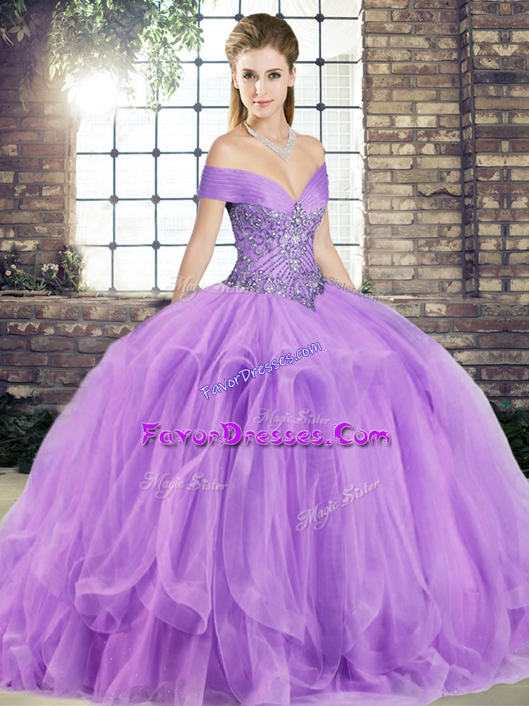 Fancy Lavender Ball Gowns Beading and Ruffles Quinceanera Gown Lace Up Tulle Sleeveless Floor Length