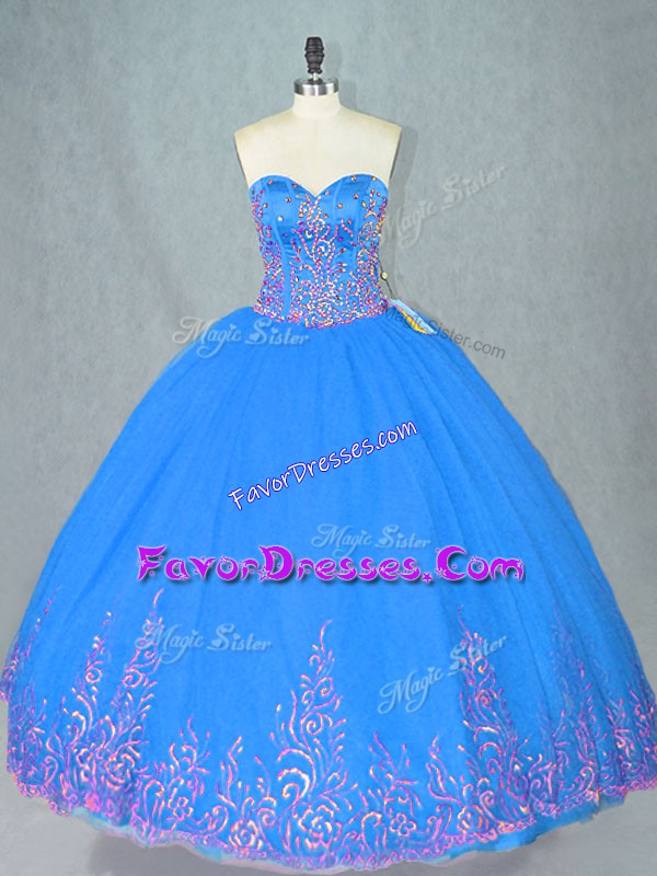 Excellent Blue Ball Gowns Beading and Embroidery Quinceanera Dresses Lace Up Tulle Sleeveless Floor Length