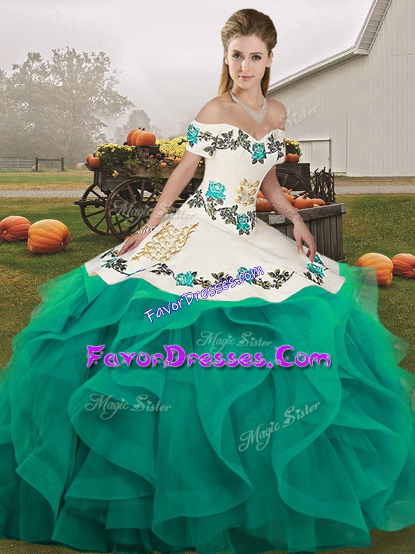  Turquoise Ball Gowns Tulle Off The Shoulder Sleeveless Embroidery and Ruffles Floor Length Lace Up Quinceanera Gown