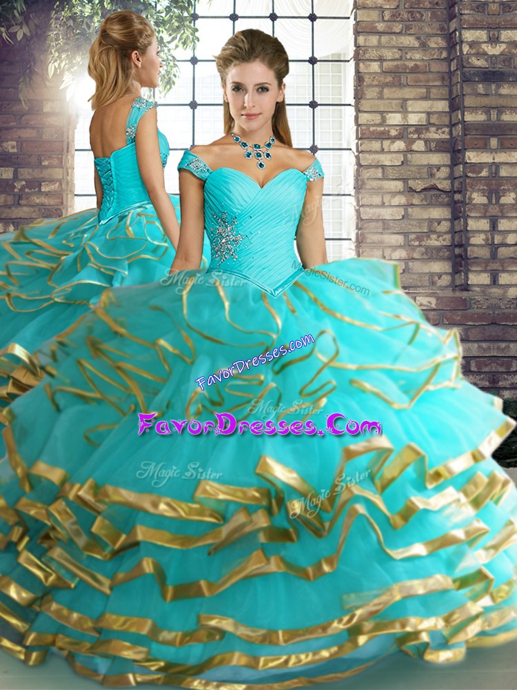  Off The Shoulder Sleeveless Tulle Vestidos de Quinceanera Beading and Ruffled Layers Lace Up