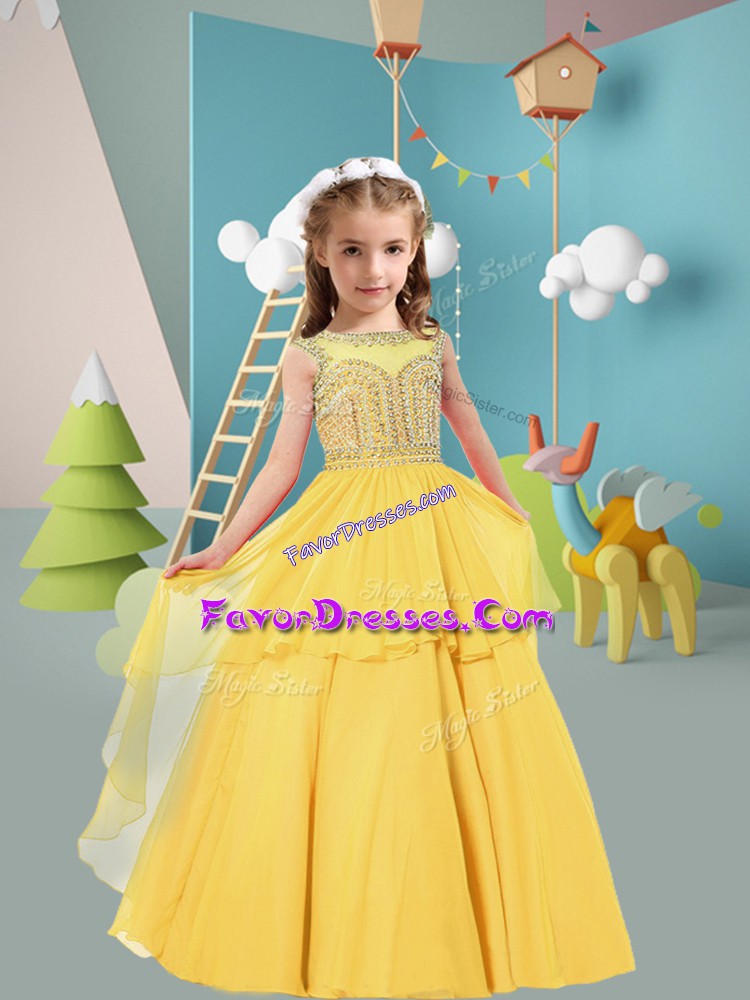  Gold Little Girls Pageant Dress Wedding Party with Beading Scoop Sleeveless Zipper