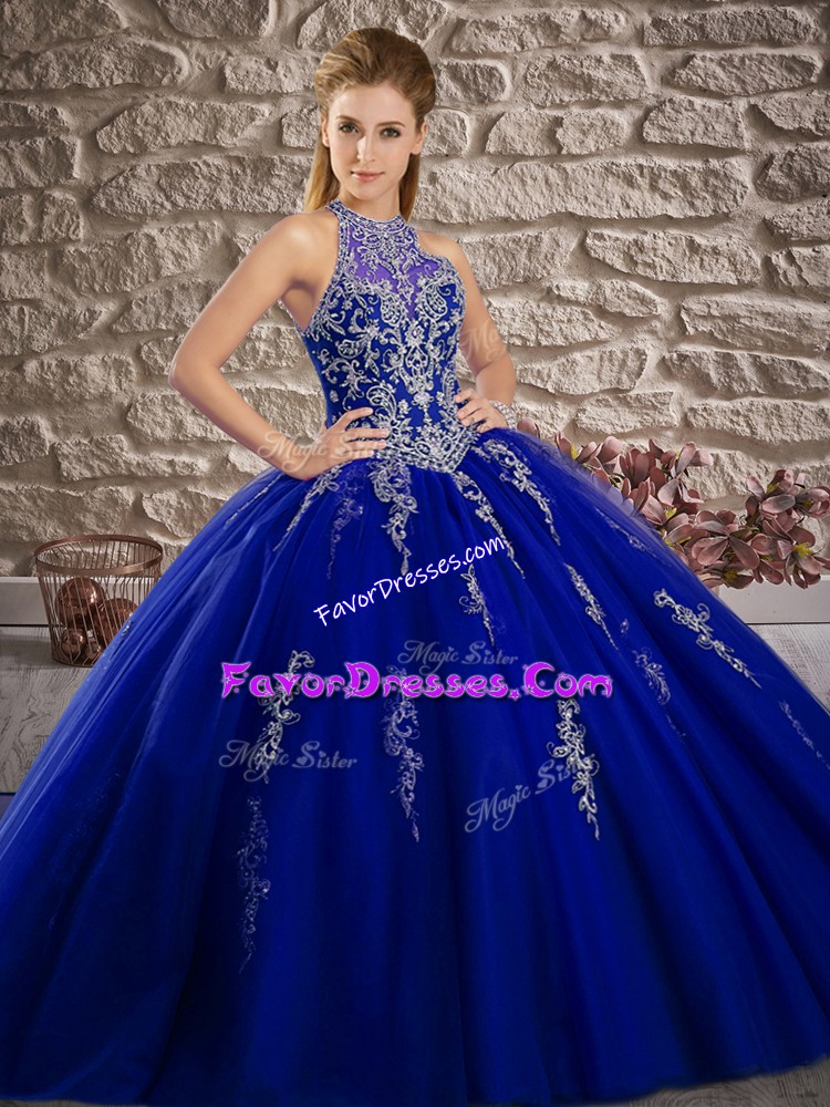 Pretty Royal Blue Ball Gowns Halter Top Sleeveless Tulle Brush Train Lace Up Beading and Appliques Sweet 16 Dresses