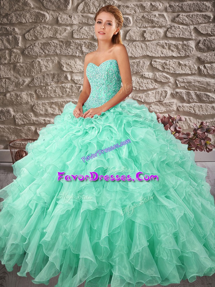  Ball Gowns Sleeveless Apple Green 15th Birthday Dress Brush Train Lace Up