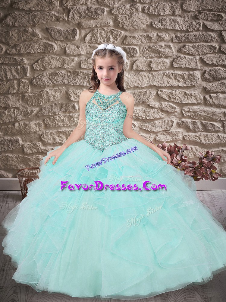  Sleeveless Sweep Train Beading and Ruffles Lace Up Little Girls Pageant Dress Wholesale