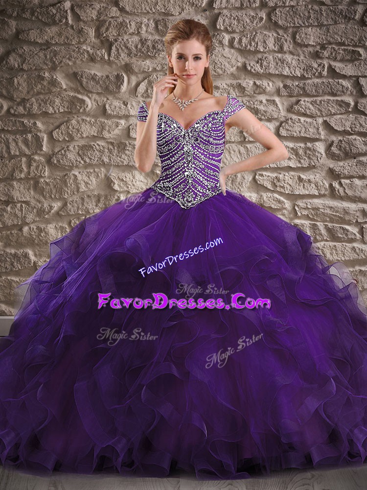 Eye-catching Purple Ball Gowns Tulle Off The Shoulder Cap Sleeves Beading and Ruffles Lace Up Quinceanera Gowns Brush Train