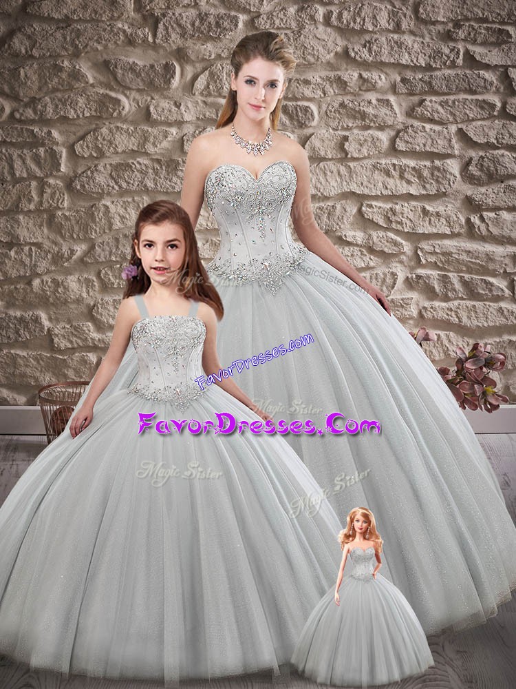 Ideal Grey Lace Up Sweetheart Beading Quinceanera Dresses Tulle Sleeveless Brush Train