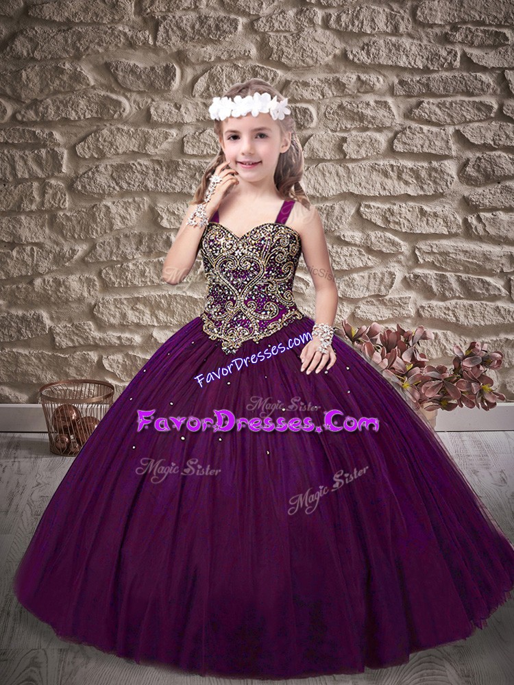  Purple Ball Gowns Tulle Straps Sleeveless Beading Lace Up Little Girl Pageant Dress Sweep Train