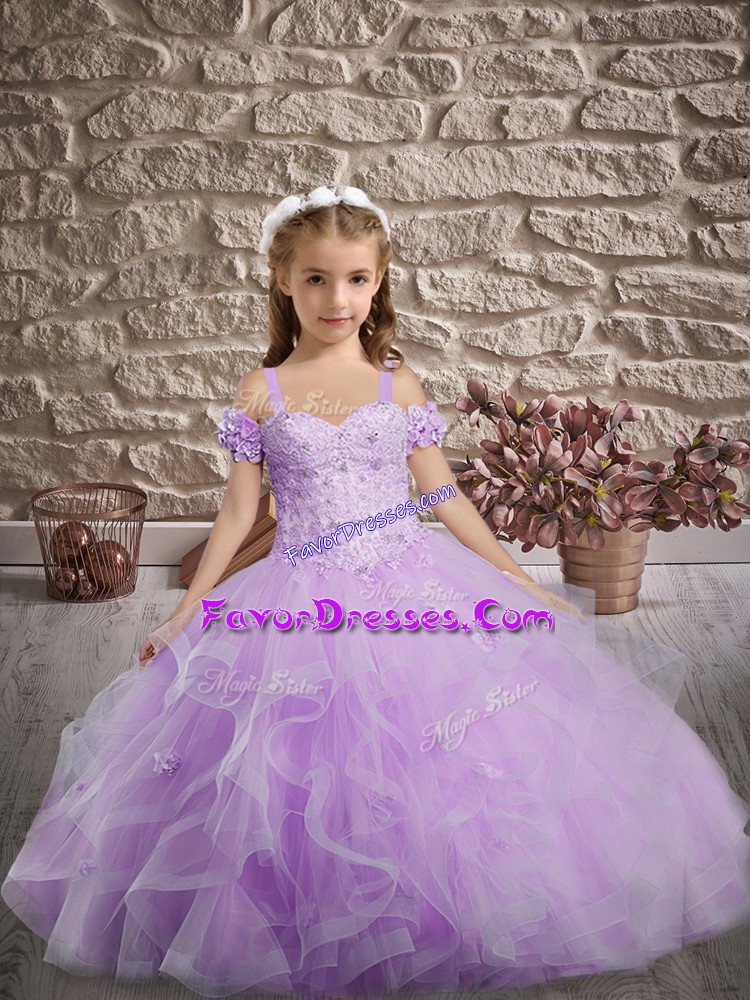 Exquisite Lavender Straps Lace Up Appliques and Ruffles Little Girl Pageant Gowns Sweep Train Sleeveless