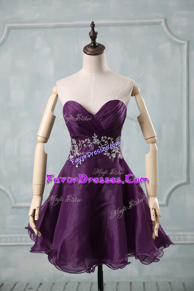 Latest Mini Length Purple Dress for Prom Sweetheart Sleeveless Lace Up