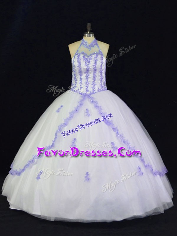 Unique Floor Length White And Purple Quinceanera Dress Halter Top Sleeveless Lace Up