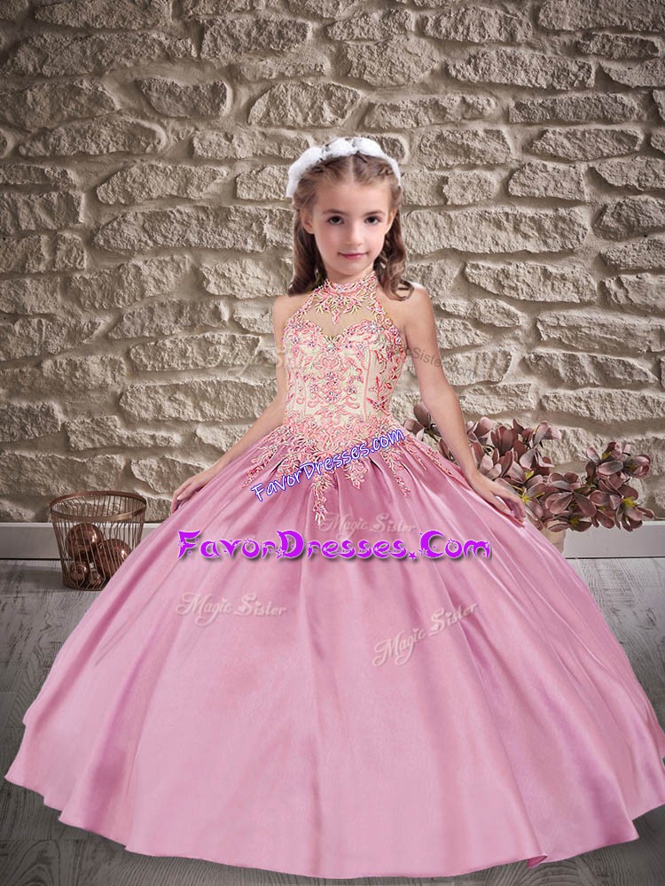 Enchanting Pink Ball Gowns Beading and Appliques Kids Pageant Dress Lace Up Satin Sleeveless