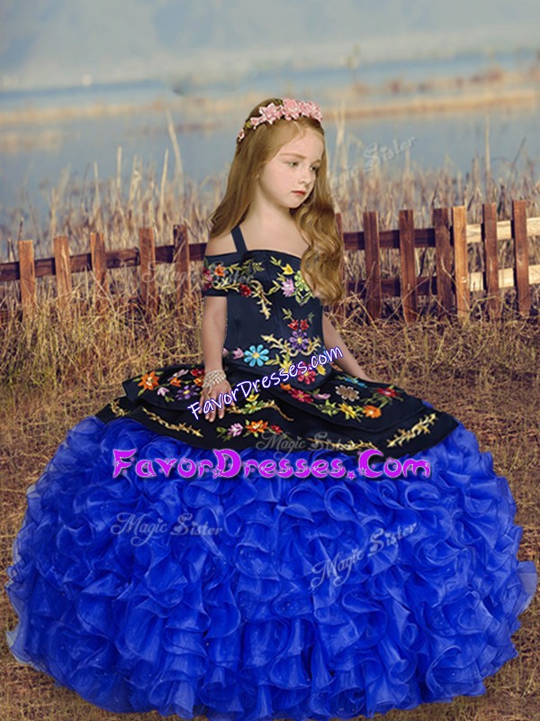  Floor Length Lace Up Little Girl Pageant Dress Royal Blue for Wedding Party with Embroidery and Ruffles
