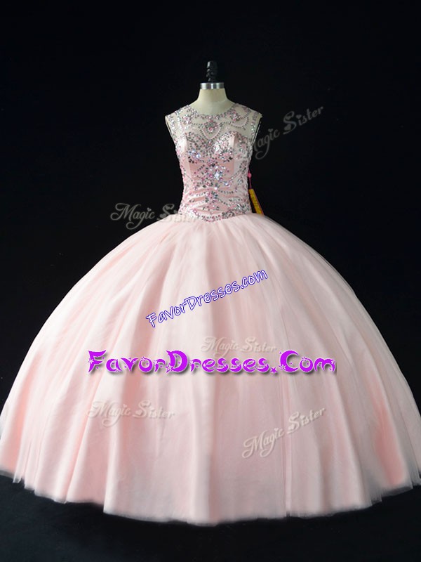 Decent Sleeveless Floor Length Beading Lace Up Quinceanera Gowns with Pink 