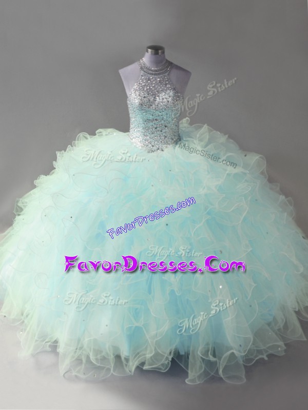 Customized Light Blue Quinceanera Gown Sweet 16 and Quinceanera with Beading and Ruffles Halter Top Sleeveless Lace Up
