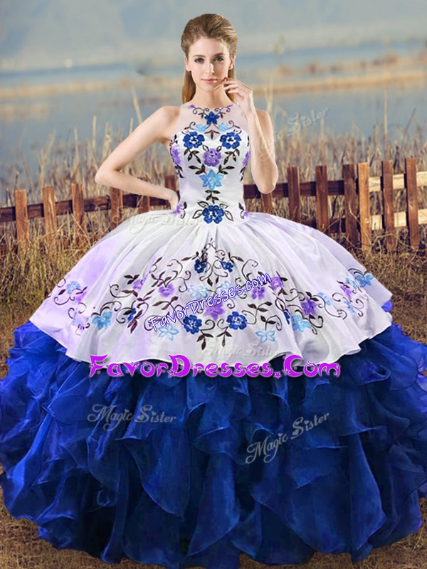  Floor Length Blue And White Quinceanera Gown Organza Sleeveless Embroidery and Ruffles