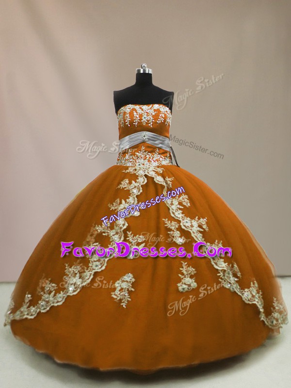 Beautiful Brown Tulle Lace Up Quinceanera Dress Sleeveless Floor Length Appliques