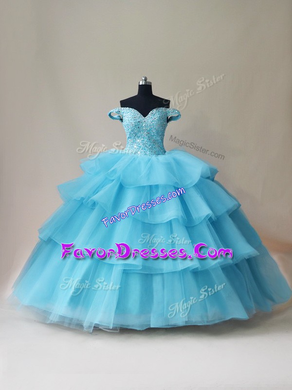 Fantastic Aqua Blue Sleeveless Beading and Ruffled Layers Floor Length Ball Gown Prom Dress