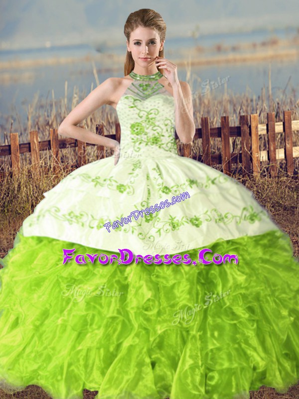 Fantastic Halter Top Neckline Embroidery and Ruffles 15 Quinceanera Dress Sleeveless Lace Up