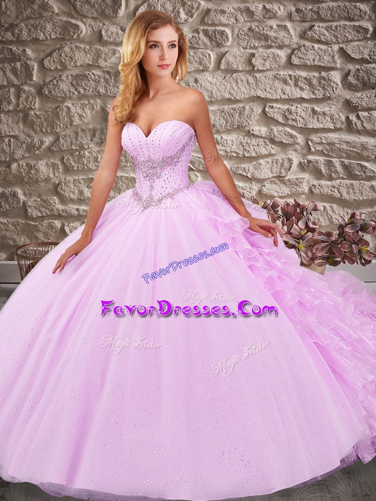  Lilac Sleeveless Organza and Tulle Court Train Lace Up Sweet 16 Quinceanera Dress for Military Ball and Sweet 16 and Quinceanera