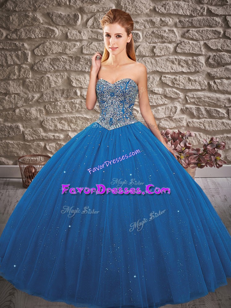  Blue Sweetheart Lace Up Beading Quince Ball Gowns Sleeveless