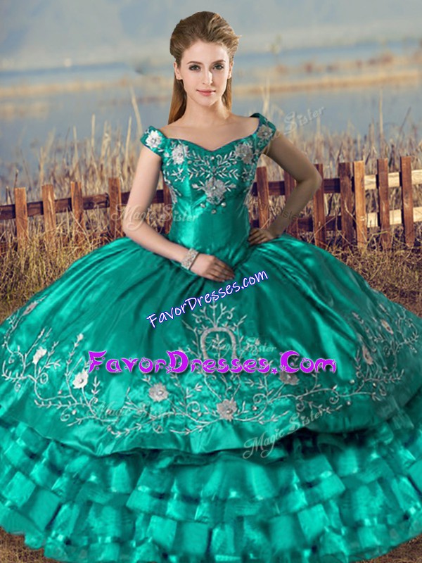 Wonderful Floor Length Lace Up Sweet 16 Quinceanera Dress Turquoise for Sweet 16 and Quinceanera with Embroidery and Ruffled Layers