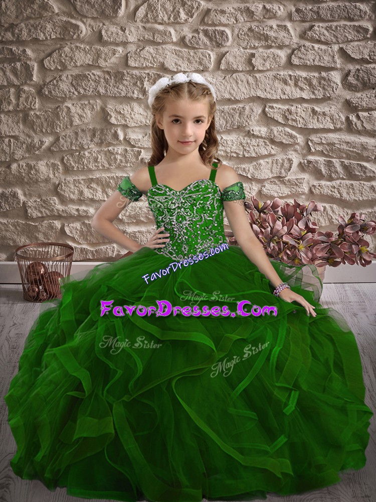  Tulle Sleeveless Little Girls Pageant Dress Sweep Train and Beading and Ruffles
