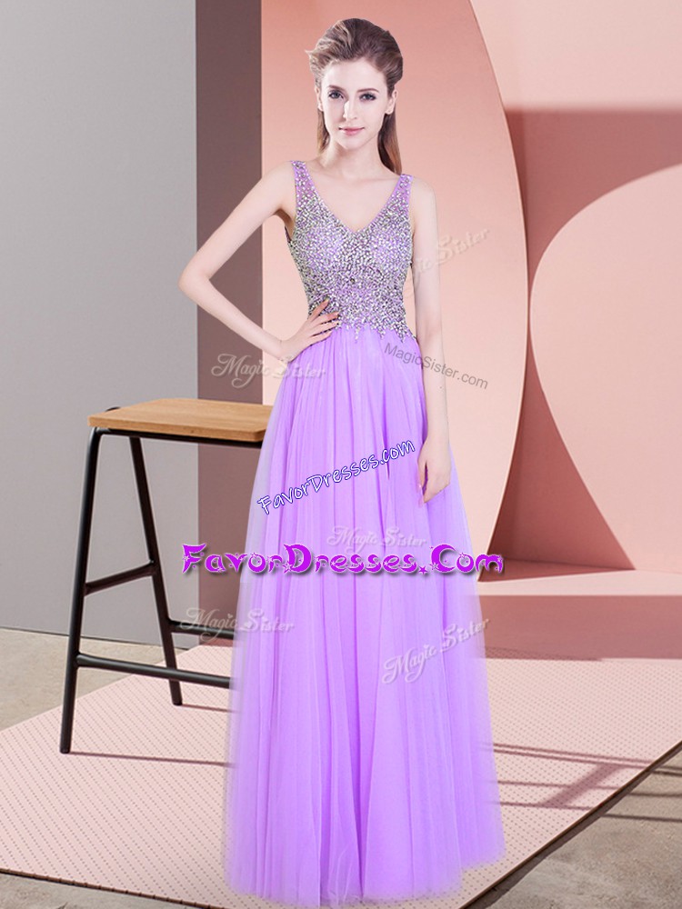  Lavender Empire V-neck Sleeveless Tulle Floor Length Zipper Beading Dress for Prom