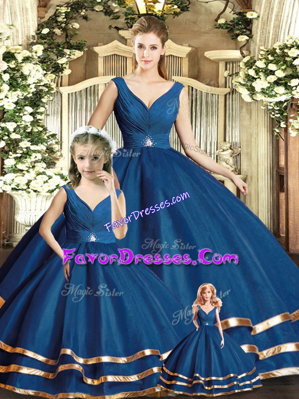  Beading and Ruffled Layers Quinceanera Dresses Navy Blue Backless Sleeveless Floor Length