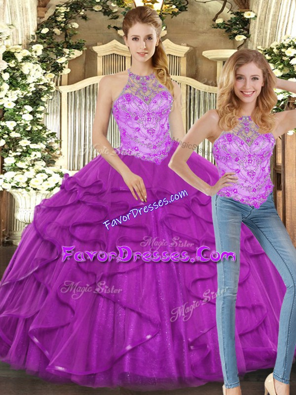 Discount Halter Top Sleeveless Lace Up Quinceanera Gown Purple Tulle