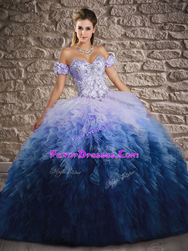  Multi-color Vestidos de Quinceanera Military Ball and Sweet 16 and Quinceanera with Beading and Ruffles Sweetheart Sleeveless Brush Train Lace Up
