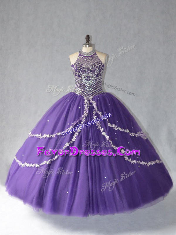 Deluxe Purple Tulle Lace Up Halter Top Sleeveless Floor Length Quince Ball Gowns Beading