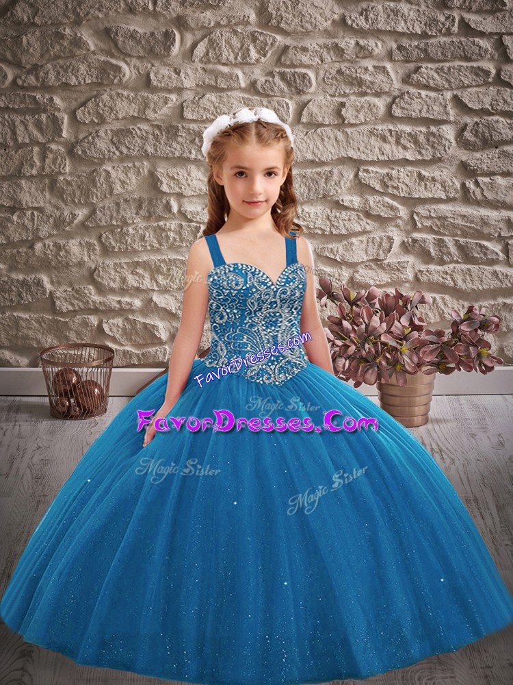 Dramatic Blue Little Girl Pageant Dress Wedding Party with Beading Straps Sleeveless Lace Up