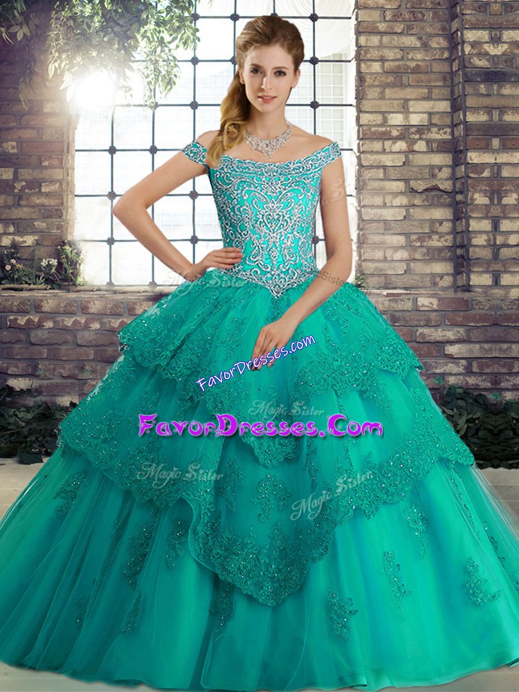  Turquoise Sleeveless Brush Train Beading and Lace Quinceanera Gown