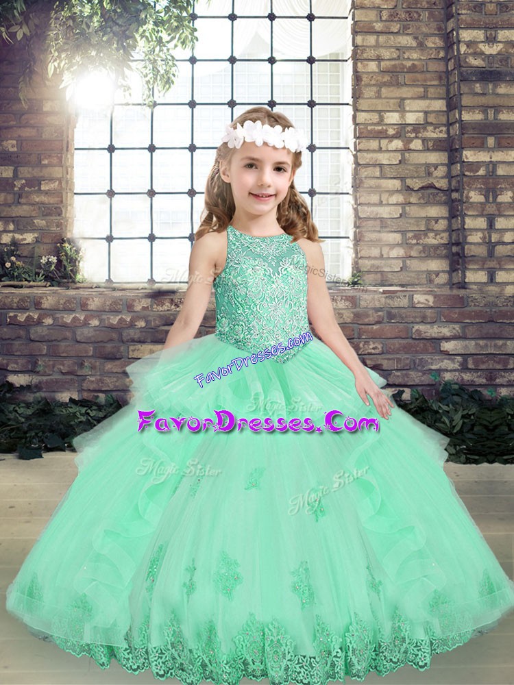  Lace and Appliques Pageant Dress Apple Green Lace Up Sleeveless Floor Length