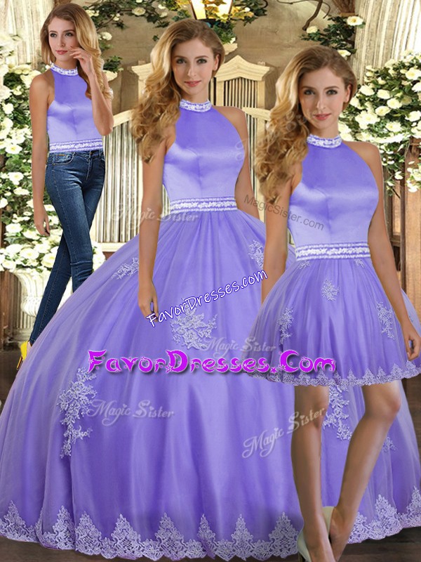 Lavender Tulle Backless Quinceanera Gowns Sleeveless Floor Length Appliques