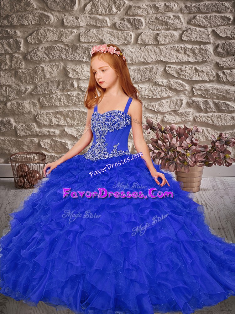  Organza Straps Sleeveless Sweep Train Lace Up Beading and Ruffles Kids Formal Wear in Royal Blue